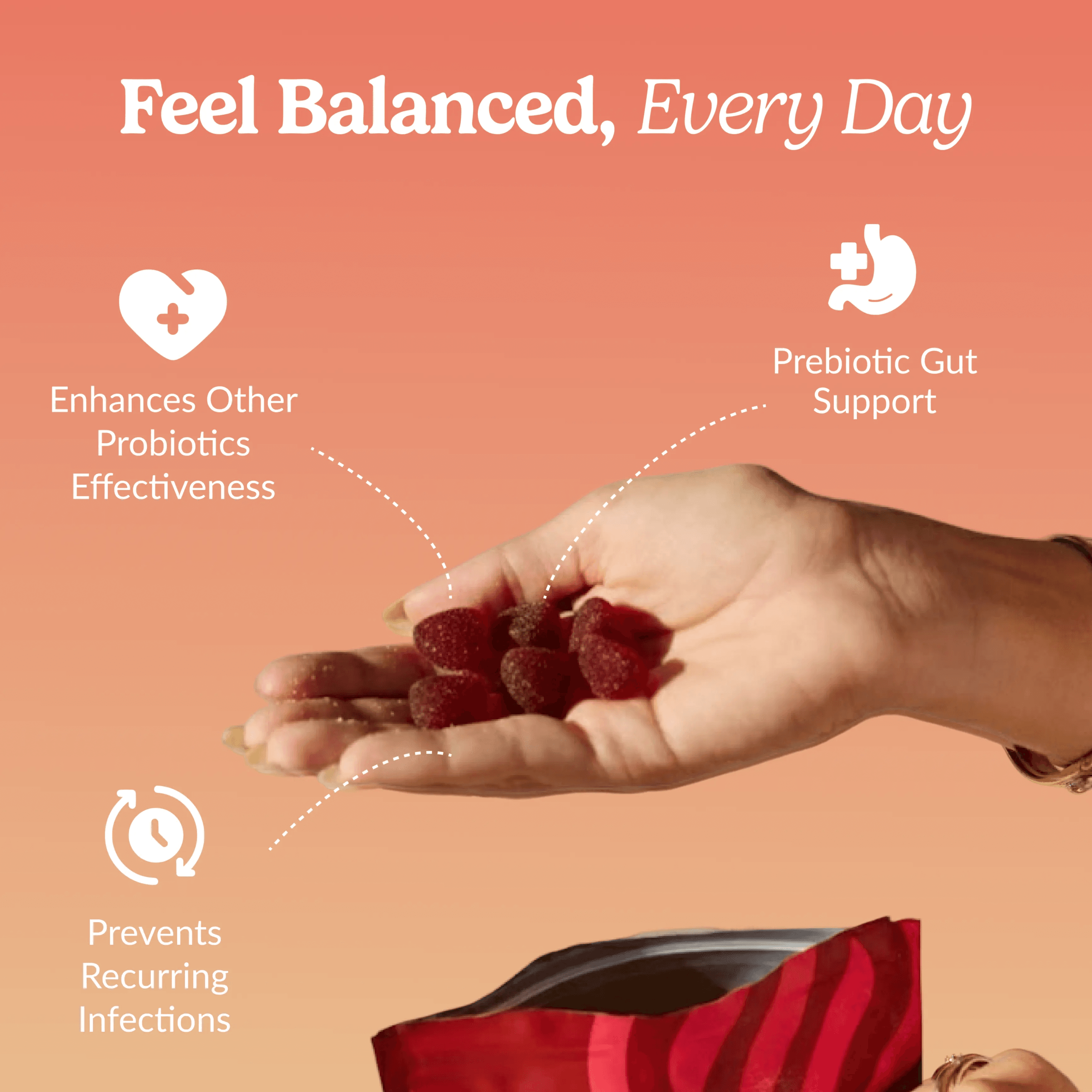 Hand holding Numara Cranberry Prebiotic Gummies with callouts for prebiotic gut support