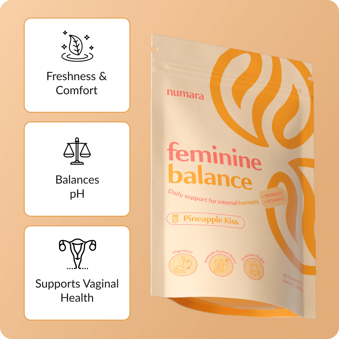 Numara pH Balancing Gummies, Pineapple Kiss flavor, with icons for freshness, pH balance and vaginal health