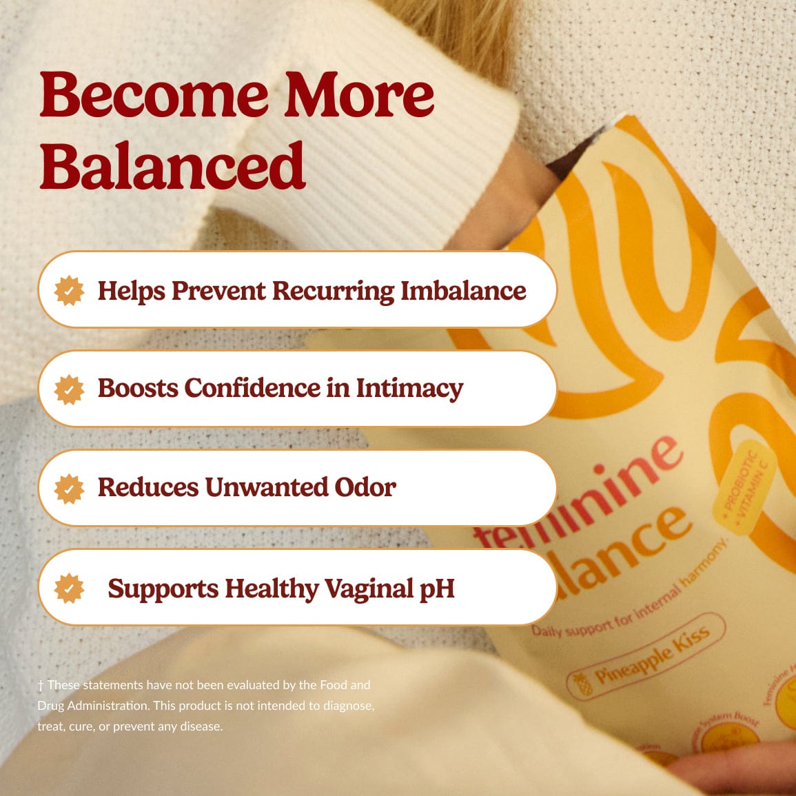 Woman holding Numara pH Balancing Gummies beside a list of benefits