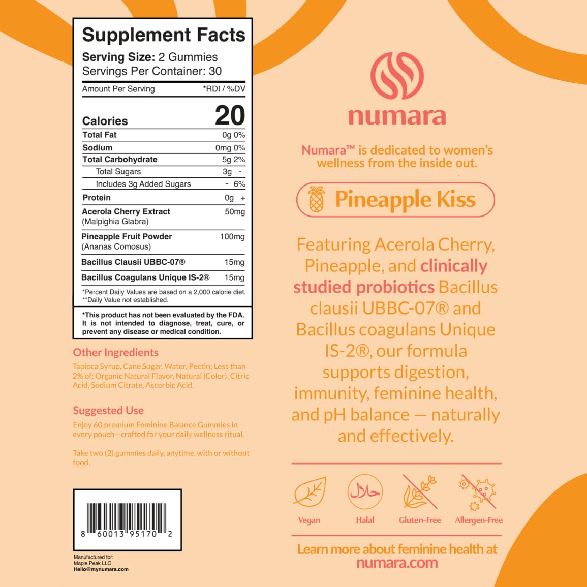 Numara pH Balancing Gummies, Pineapple Kiss, full label with supplement facts