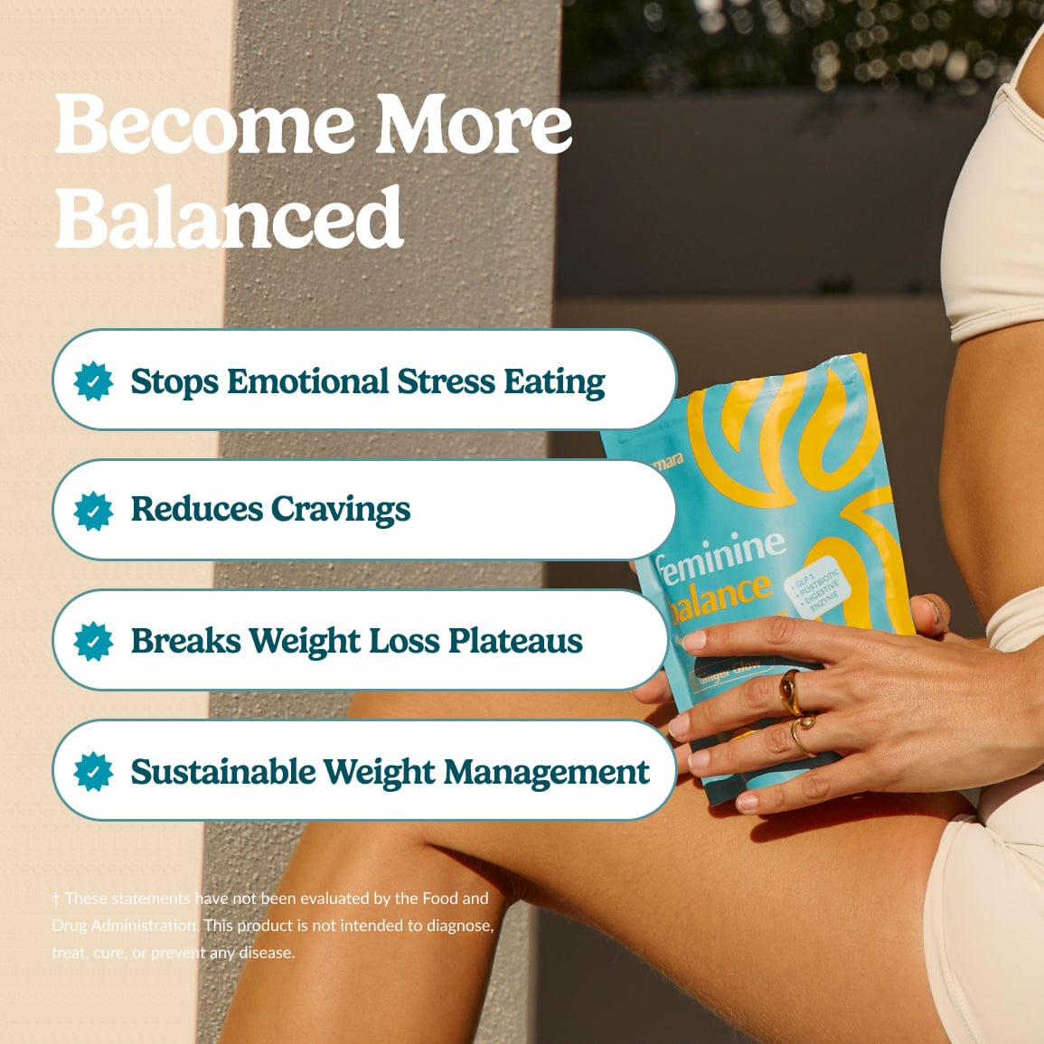 Woman holding Numara GLP1 Support Gummies beside a list of benefits