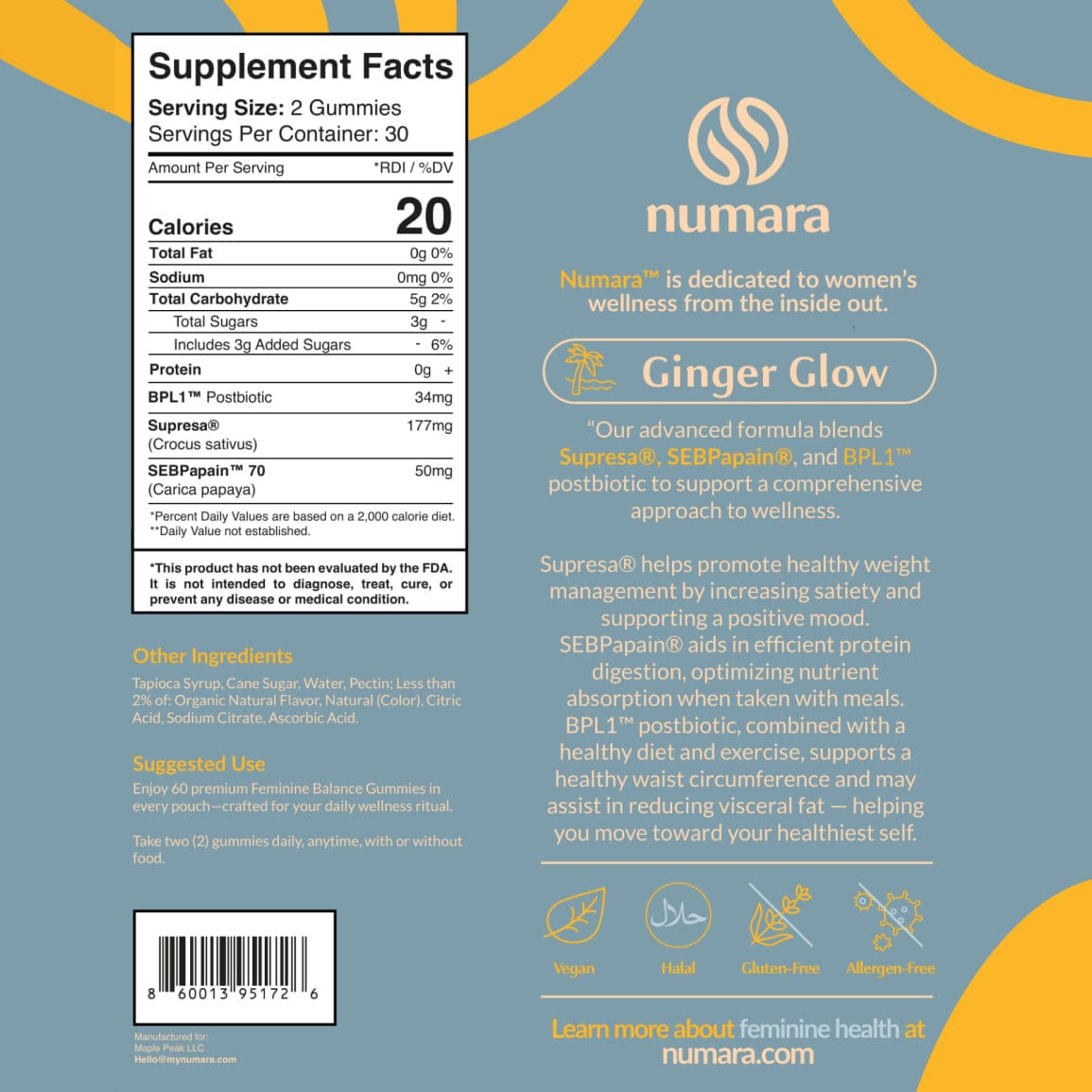Numara GLP1 Support Gummies, Ginger Glow, full label with supplement facts