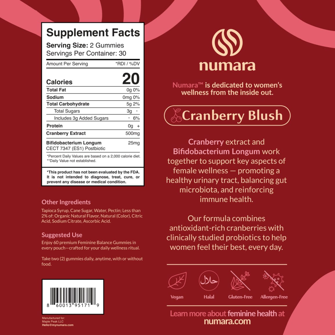 Numara Cranberry Prebiotic Gummies, Cranberry Blush, full label with supplement facts