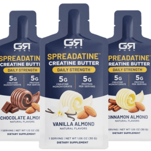GR Fuel Spreadatine Creatine Butter packets in Chocolate Almond, Vanilla Almond and Cinnamon Almond
